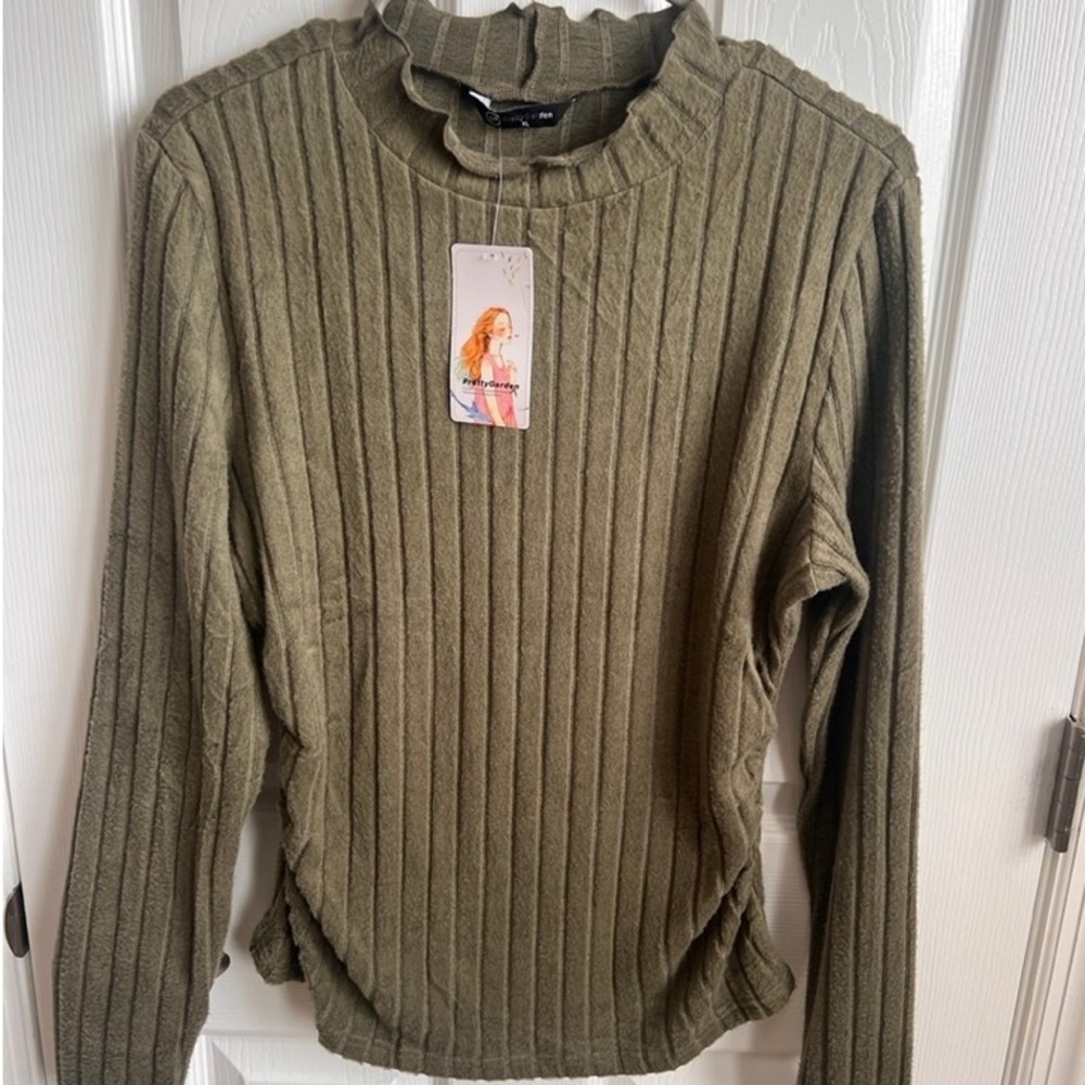 NEW Pretty Garden Olive Green Ribbed Ruffle Mock Neck Long Sleeve Top XL